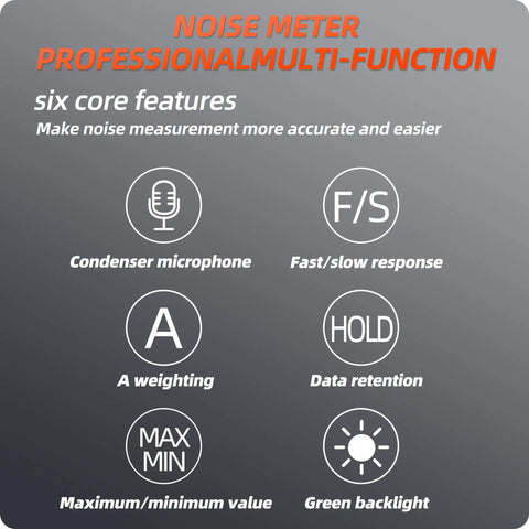 Decibel Meter Sound Level Meter With A Weighted Reading For Accurate Noise Data 30 To 130 Decibels Range Backlit LCD Screen Data Hold Max Min Fast Slow Modes For Home Outdoors And Cutting Through The Noise From Noisy Neighbors. Feature chart showing condenser microphone, A weighting, data hold, max/min, fast/slow, backlight.