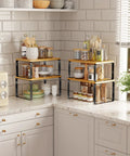Premium Bamboo Kitchen Counter Shelf Set Of Two Stackable Expandable Spice Rack Storage Holder For Jars Cookbooks Tools in corner kitchen.