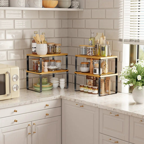 Premium Bamboo Kitchen Counter Shelf Set Of Two Stackable Expandable Spice Rack Storage Holder For Jars Cookbooks Tools in corner kitchen.