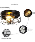 Industrial Black Flush Mount Ceiling Light 2 Light Farmhouse Fixture With Metal Cage Shade showcasing matte black finish and socket.