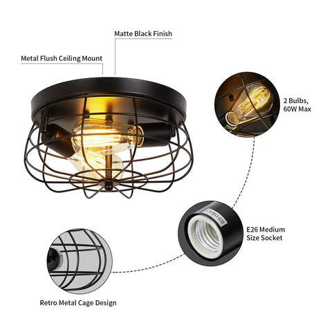 Industrial Black Flush Mount Ceiling Light 2 Light Farmhouse Fixture With Metal Cage Shade showcasing matte black finish and socket.