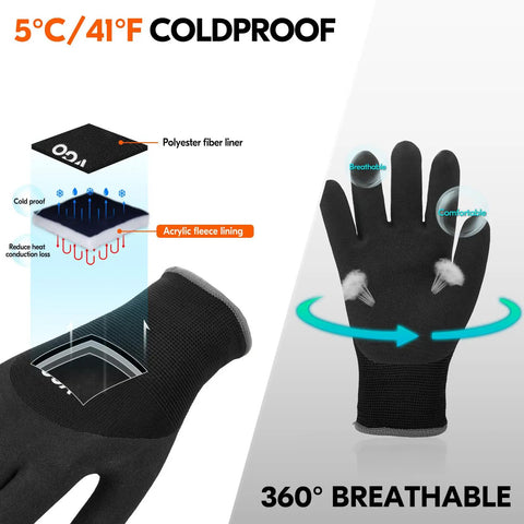 Five Pairs Freezer Winter Work Gloves With Double Lining And Rubber Latex Coating For Outdoor Heavy Duty Tasks In Cold Weather Size M Black RB6032 Built For Tough Jobs And All Weather Grippy Palm, showing breathable design and fleece lining.