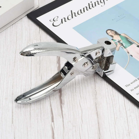 Heavy Duty T Slot Hole Punch Handheld Tool for ID Cards Plastic Cardstock Cardboard and PVC with sharp visible blade, zinc alloy.