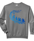 Maori Canoe Shirt For Men With Hawaiian Tribal Art Outrigger Tee featuring blue Polynesian canoe graphic on grey sweatshirt
