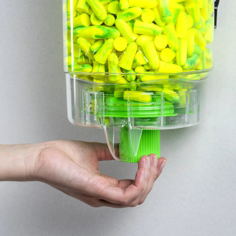 Goin' Green PlugStation Uncorded Disposable Foam Earplug Dispenser 6647 being used, showing easy access to earplugs