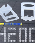Pro Grade Tile Leveling Clips And Spacers Kit With Four Thousand Two Hundred Pieces includes rubber mallet on tiled background.