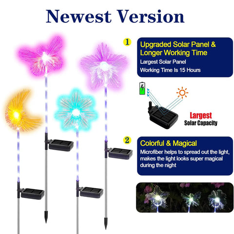 Newest version of Solar Garden Stake Lights 4 Pack With RGB Color Changing LEDs, upgraded solar panel and colorful light effects.