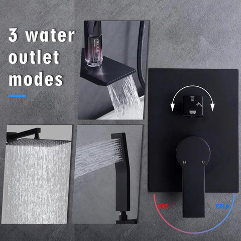 Shower Faucet Set, 12-Inch Rainfall Head, Handheld, Tub Spout, Matte Black with diverter and water flow modes.