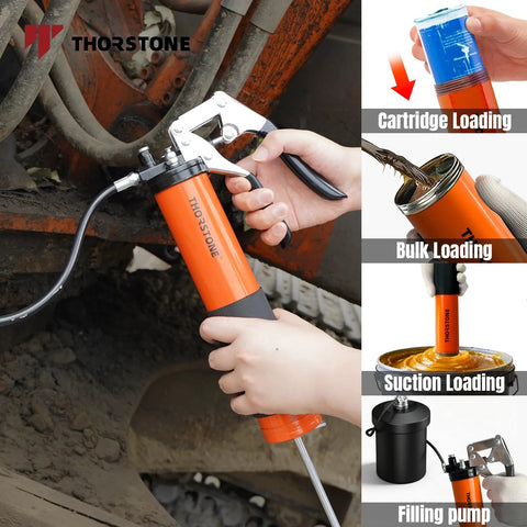 Side view of Thorstone 7000 PSI pistol-grip grease gun kit, orange body, 14 oz load, 18in spring flex hose.