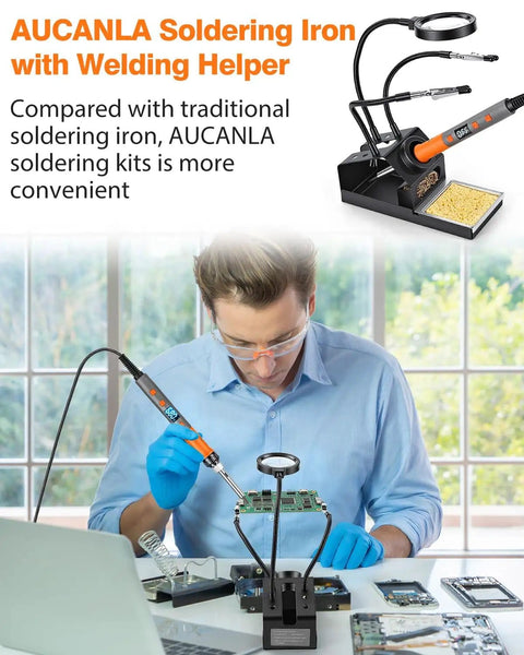 Man using 100W High Power Soldering Iron Kit With LCD Display for electronics DIY, featuring magnifying glass and helping hands.