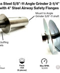 Built Tough Stainless Steel Angle Grinder Buff Extender Kit With 5/8-11 Threads And Rock Solid 4 Inch Airway Safety Flanges showing detailed components.