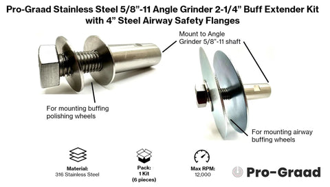 Built Tough Stainless Steel Angle Grinder Buff Extender Kit With 5/8-11 Threads And Rock Solid 4 Inch Airway Safety Flanges showing detailed components.