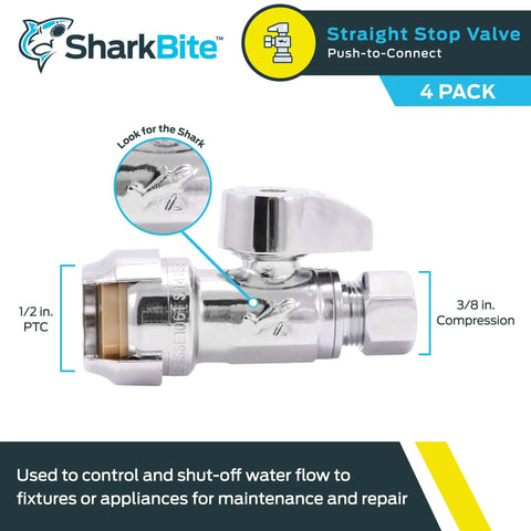 1/2 x 3/8 Inch Compression Straight Stop Valve Pack of 4, Quarter Turn, Push to Connect Brass Plumbing Fittings for PEX Copper CPVC PE-RT HDPE