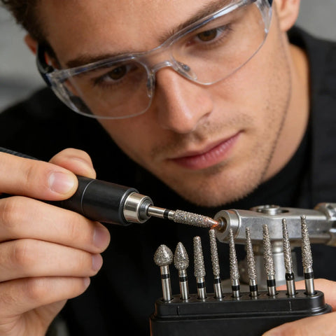 Person using Pro Grade Diamond Coated Rotary Burr Set with 50-piece grinding bits on a tool, 1.6 mm shank, for stone carving
