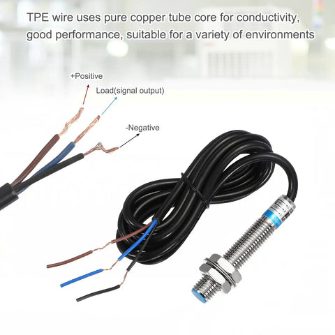 Inductive Proximity Sensor PNP NO M8 DC 6 To 36V 300mA 1.5mm Sensing Range 3 Wire For Industrial Automation Non Contact Metal Detection And Limit Switch Applications Go To Sensor, showing wiring harness and metallic sensor body