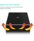 Slick Plug And Play Dual Bay 2.5 Inch SATA SSD HDD RAID Enclosure With Rock Solid USB 3.0 External Storage Housing showing elegant aluminum design with heat dissipation vents.