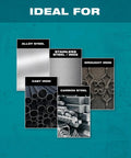Makita X-Lock cut-off wheel material guide collage: alloy steel, stainless steel, wrought iron, cast iron, carbon steel.