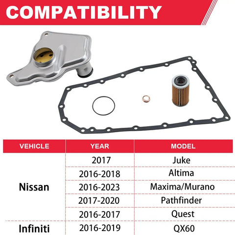 Transmission Filter And Oil Pan Gasket Kit For Nissan Altima Maxima Quest Murano Pathfinder Infiniti QX60 with components displayed