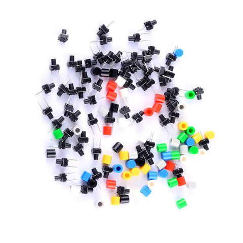84 Pcs Momentary Tactile Push Button Switch Kit 6x6x8mm with 7 color caps for breadboard Arduino prototyping and DIY electronics.