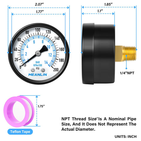 Well Pump Pressure Gauge 0-200 Psi, One Quarter Inch NPT, 2 Inch Dial Face, Back Mount for Air Compressor Regulator and Water Filter