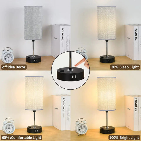 Three Way Touch Dimmable Bedside Lamp with USB Ports and One Outlet Gray Shade Bulb Included showing dimming settings.