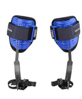 Height Adjustable Tree Climbing Spikes Set with straps and waist harness for arborist work, showing blue padded strap design.