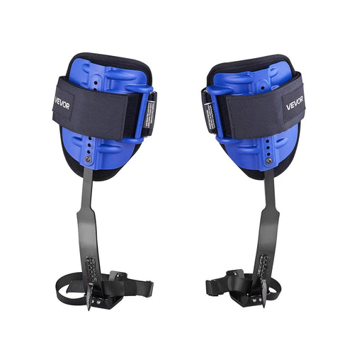 Height Adjustable Tree Climbing Spikes Set with straps and waist harness for arborist work, showing blue padded strap design.