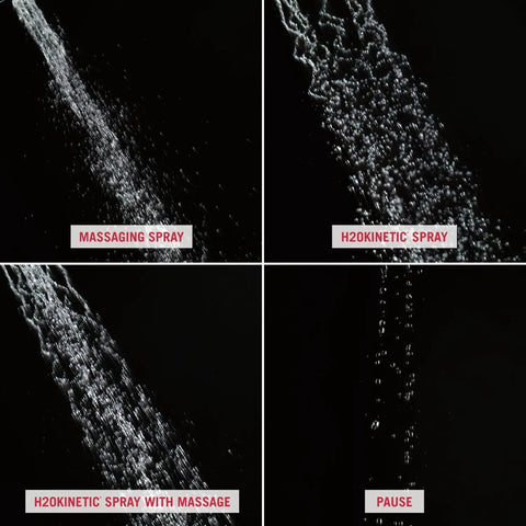 Four spray patterns of 4-Spray H2Okinetic In2ition 2-In-1 Dual Handheld Shower Head With Hose And Magnetic Docking, Chrome Finish