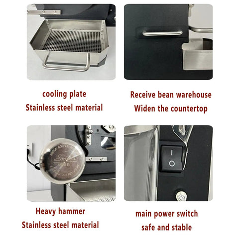 Cooling plate and main power switch of Heavy Duty Electric Coffee Roaster With Cooling Plate And Sampling Spoon 360 Degree Even Heating 600 Gram Batch For Peanuts And Soybeans Solid Build Bang For Your Buck.