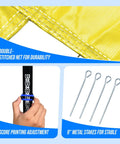 Portable Outdoor Volleyball Net System With Adjustable Height Poles Includes Volleyball, Pump, Hammer, Boundary Line And Carry Bag For Backyard, Beach Or Lawn No Fuss Setup And Durable Steel Construction, showing yellow double-stitched net, score adjustment, steel stakes.