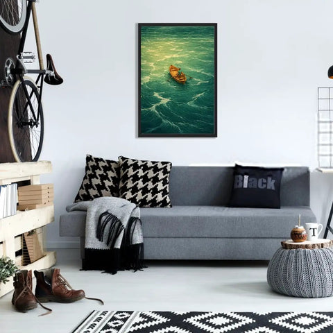 Framed Man Rowing Boat In Ocean Canvas Print Poster Art For Living Room And Apartment Decor Dope Contemporary Wall Decor With Black Frame 16 By 24 Inches Vibrant Modern Home Vibe displayed in living room.