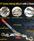 Beefy 2 Ton Come Along Winch For Vehicle Recovery And Outdoor Tough Jobs, Rugged Hand Winch With 4,400 Lbs Pulling Power, Built For Trucks, Trailers, Farm Work, Fence Stretching, Log And Tree Removal. Steel cable and hooks shown