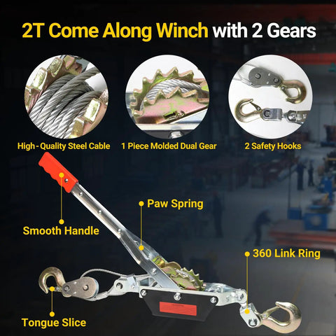Beefy 2 Ton Come Along Winch For Vehicle Recovery And Outdoor Tough Jobs, Rugged Hand Winch With 4,400 Lbs Pulling Power, Built For Trucks, Trailers, Farm Work, Fence Stretching, Log And Tree Removal. Steel cable and hooks shown