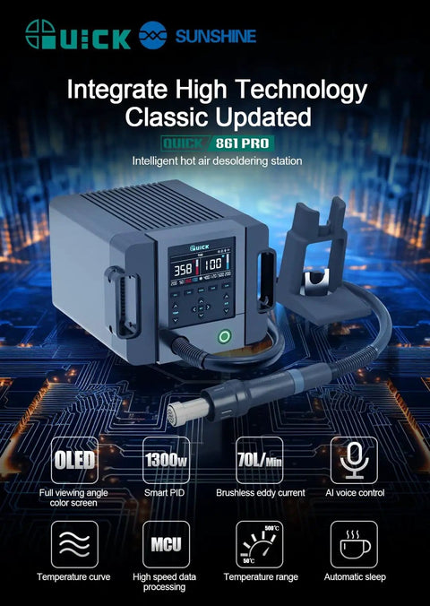 Hot Air Rework Station 1300W with AI Voice Control and Full Color Display, showing control panel and ergonomic handle on blue background.