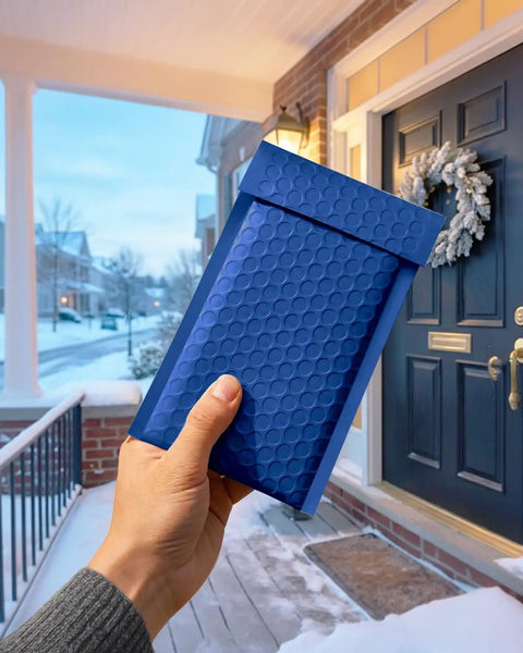 Person holding blue 4x8 bubble mailers 100 pack self seal padded envelopes usable 4x7 inner size on a snowy porch