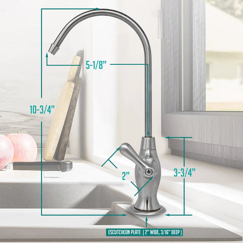 Curved Brushed Nickel Airgap RO Faucet With Three Connection Ports And NSF Certified Reverse Osmosis Drinking Water Dispenser dimensions and design.