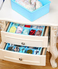 Blue Plastic Wardrobe Organizer Set 3 Piece Drawer Dividers For Underwear And Socks, neatly arranged bras and socks in dresser drawers.