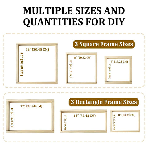 Six Frame Sizes Needlepoint Stretcher Bar Kit With 12 Premium Wooden Frames In Six Eight And Twelve Inch Sizes Plus 100 Tacks Rubber Mallet And Pry Tool For Embroidery And Cross Stitch Perfect For Beginners And DIY Crafters in 3 square and 3 rectangle frame sizes for DIY projects.