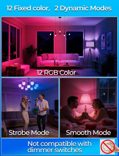 Color Changing RGB LED Light Bulbs Pack Of Four With Remote Control 40W Equivalent 450 Lumens Warm White 2700K E26 Screw Base 12 Color Choices Timed Lighting Easy Dimmable Home Decor, showcasing fixed color and dynamic modes in various room settings.