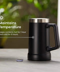 Adventure Ready Black Stainless Steel Beer Stein And Coffee Tumbler With Thermal Vacuum Insulation on table, side view