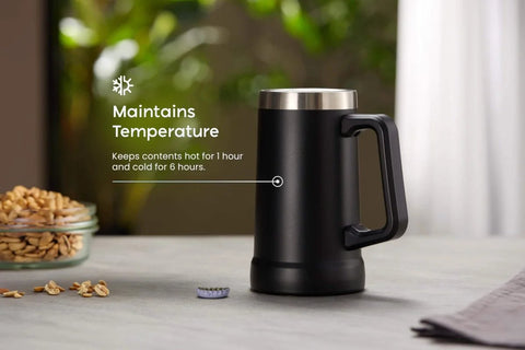 Adventure Ready Black Stainless Steel Beer Stein And Coffee Tumbler With Thermal Vacuum Insulation on table, side view