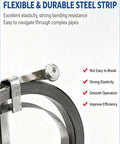 Heavy Duty Flat Steel Sewer Rod And Drain Snake Tool Forged From Tempered Metal To Slide Around Tight Corners While Crushing Grease And Grime Clogs In Household Plumbing Pipelines featuring flexible and durable steel strip.