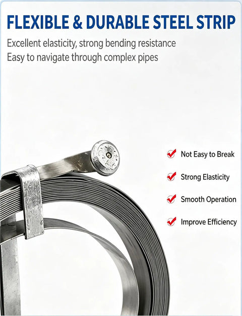 Heavy Duty Flat Steel Sewer Rod And Drain Snake Tool Forged From Tempered Metal To Slide Around Tight Corners While Crushing Grease And Grime Clogs In Household Plumbing Pipelines featuring flexible and durable steel strip.