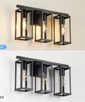 3 Light Farmhouse Vanity Light With Metal Cage In Black Anti Rust Wall Lamp For Bathroom Mirror Cabinet Kitchen Living Room And Bedroom Modern Industrial Style Lighting Fixture Dope showcasing on and off settings with black rectangular metal cage.