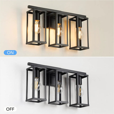 3 Light Farmhouse Vanity Light With Metal Cage In Black Anti Rust Wall Lamp For Bathroom Mirror Cabinet Kitchen Living Room And Bedroom Modern Industrial Style Lighting Fixture Dope showcasing on and off settings with black rectangular metal cage.