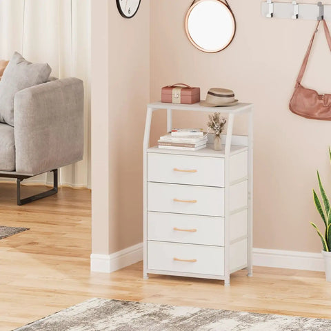Tall 4 Drawer Dresser With Wood Top And Sturdy Steel Frame For Bedroom Or Hallway Storage Vertical Storage Nightstand Organizer in white corner setup