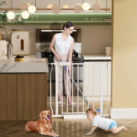 Extra Wide Baby Gate For Doorways And Stairs 48 To 53 Inches Wide, Walk Through Pressure Mounted Gate, 30 Inch Tall in kitchen