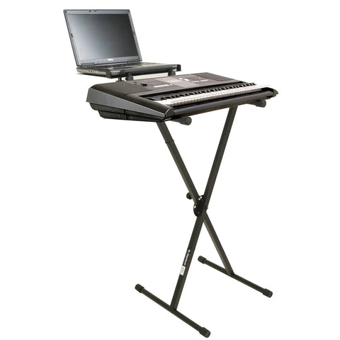 Flat Top Laptop Shelf For Mic Stands With Ventilated Design And Adjustable Tabs; setup with keyboard and laptop