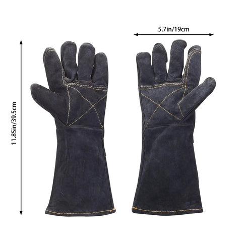 Black 23.6 Inch Leather Animal Handling Gloves, bite proof, puncture resistant, shown with dimensions, for grooming and vet use.