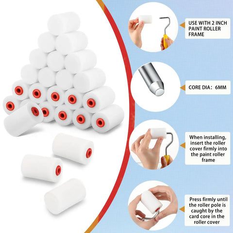 40 Pcs 2 Inch Mini Foam Paint Roller Covers For Textured And Smooth Surfaces stacked with red core details and usage instructions.